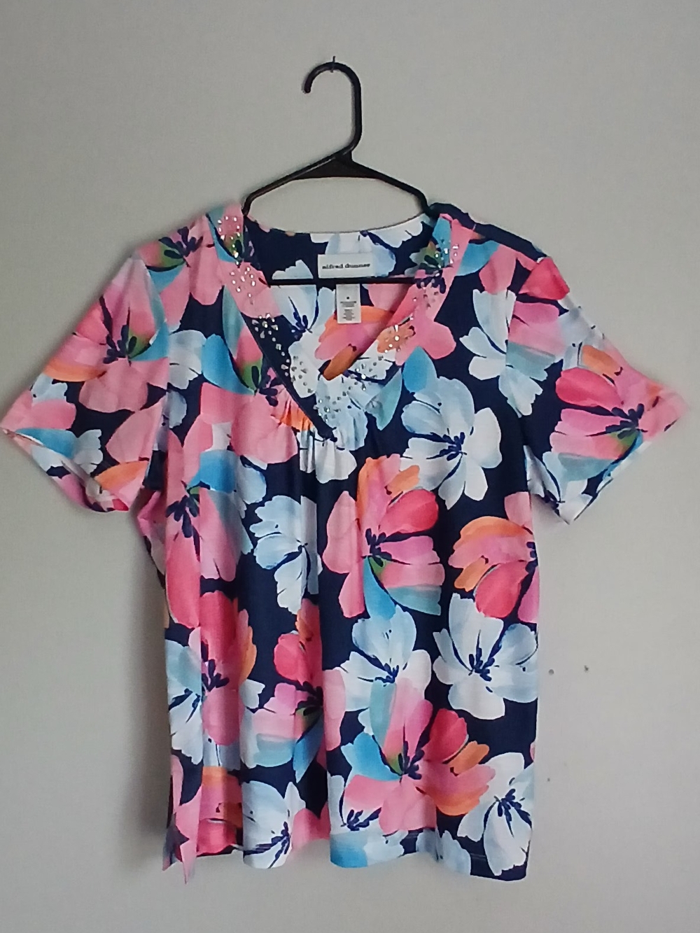 Alfred Dunner Navy Floral V-Neck Top with Pink, Orange & Light Blue Blooms